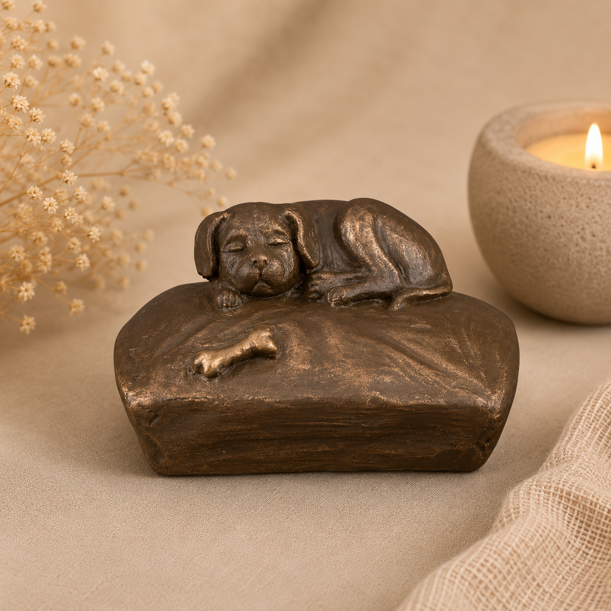 Herinneringsurn met slapende hond op kussen, een liefdevolle troost urn voor het bewaren van een tastbare herinnering aan een geliefd huisdier.