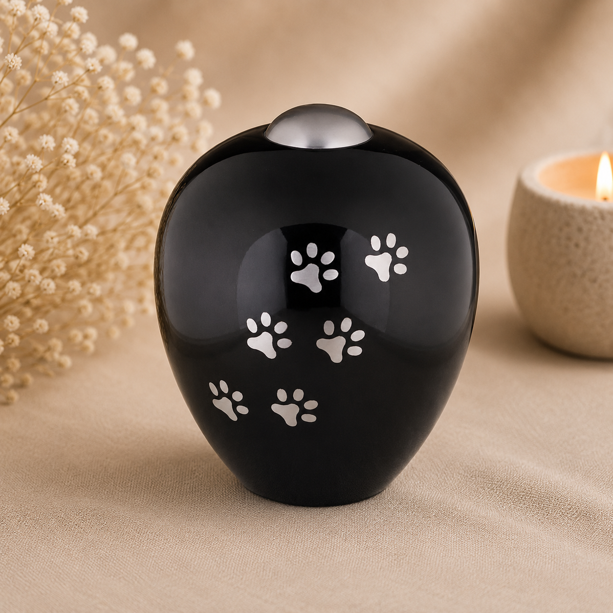 Grote zwarte herinneringsurn voor huisdieren met zilveren pootafdrukken, een liefdevolle troost urn als tastbare herinnering aan een geliefde hond of kat.