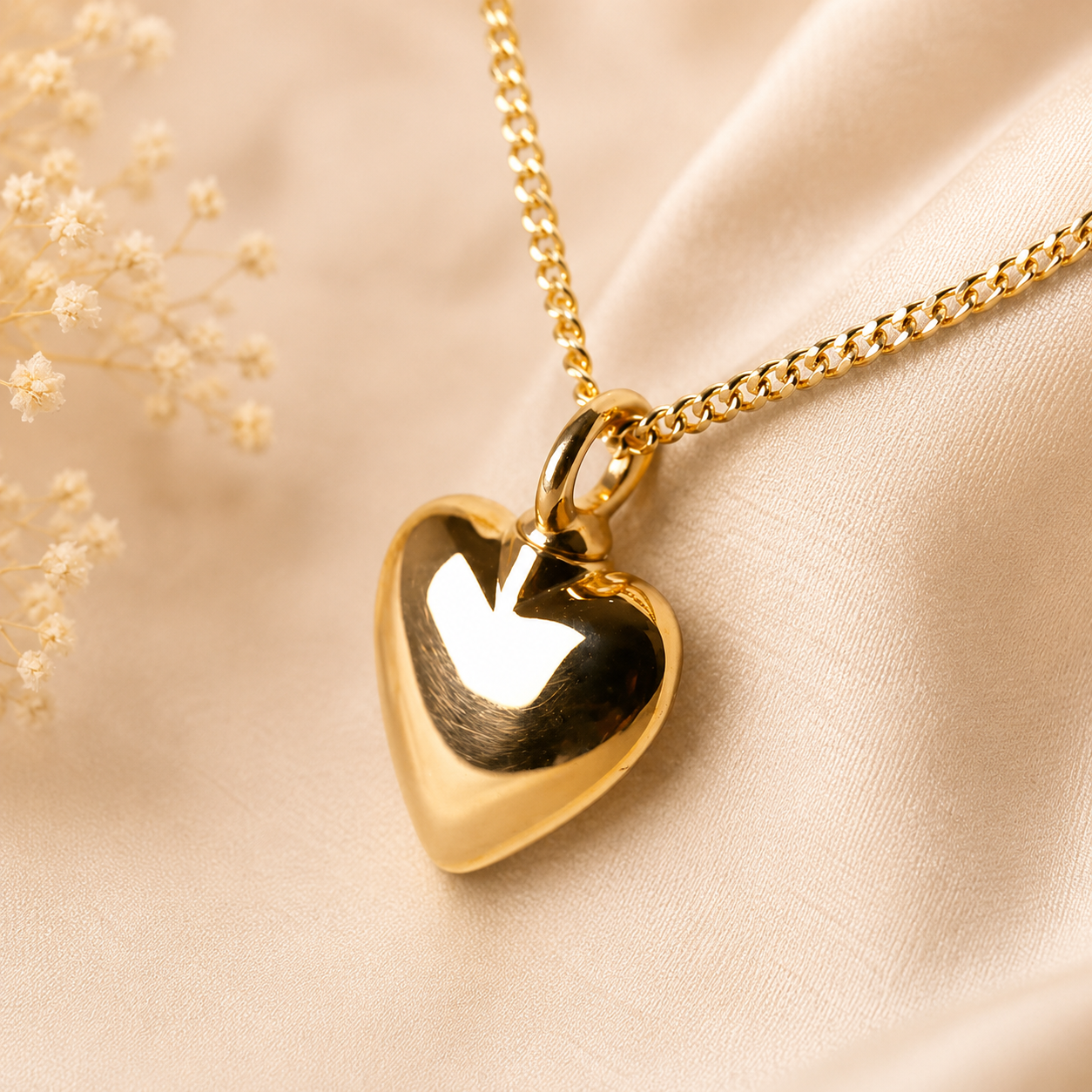 Gouden hart ashanger aan ketting op zachte beige achtergrond – stijlvolle herinneringssieraad hanger in hartvorm met warme luxe uitstraling