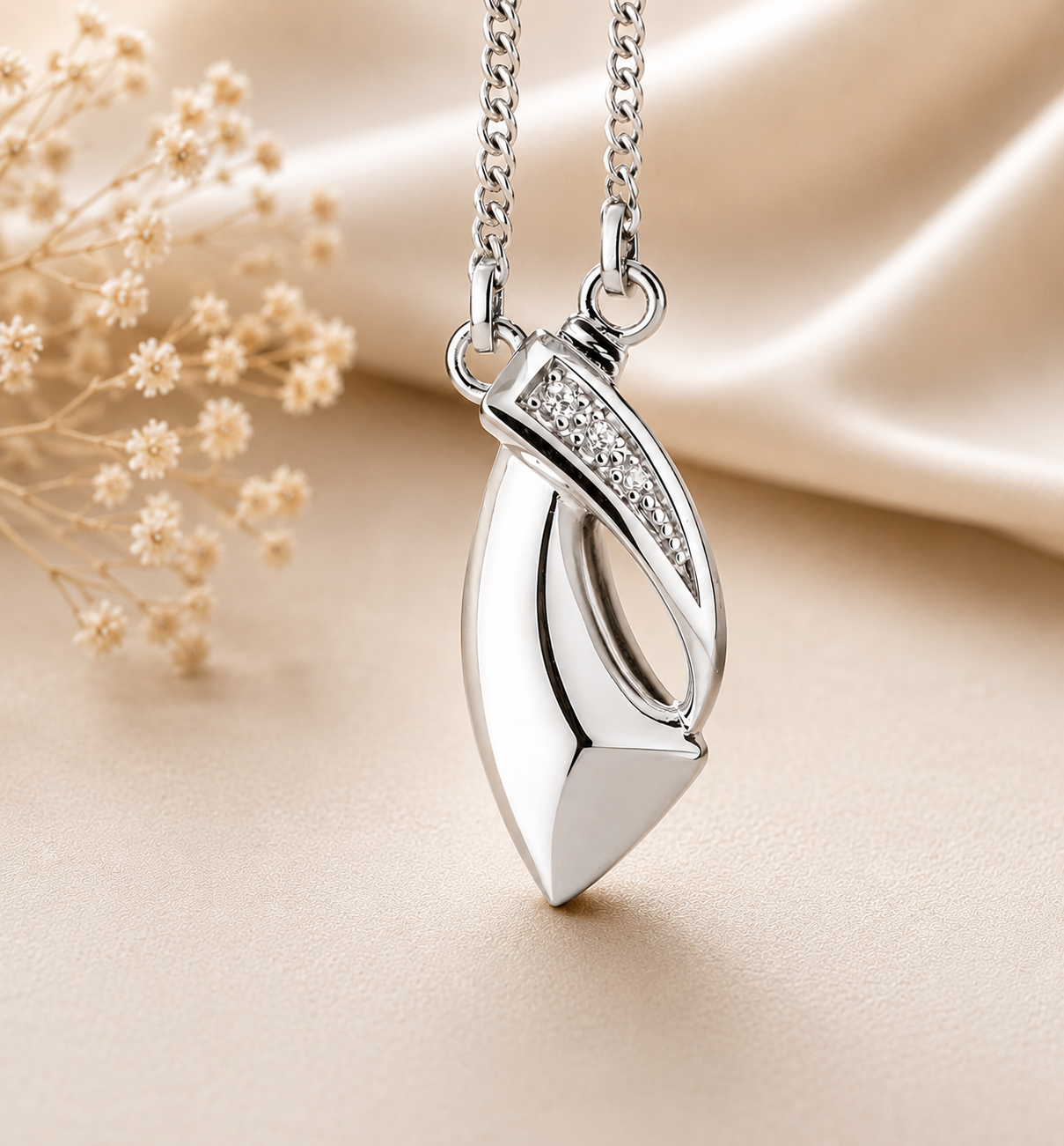 Elegante zilveren ashanger met verfijnd open design en zirkonia details, hangend aan een zilverkleurige ketting – stijlvol herinneringssieraad om een dierbare dichtbij te dragen.
