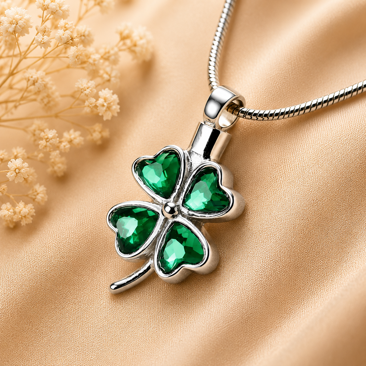Zilverkleurige ashanger in klavervorm met groene hartvormige steentjes aan slangencollier op warme beige achtergrond – elegant herinneringssieraad als symbool van geluk, liefde en verbondenheid.