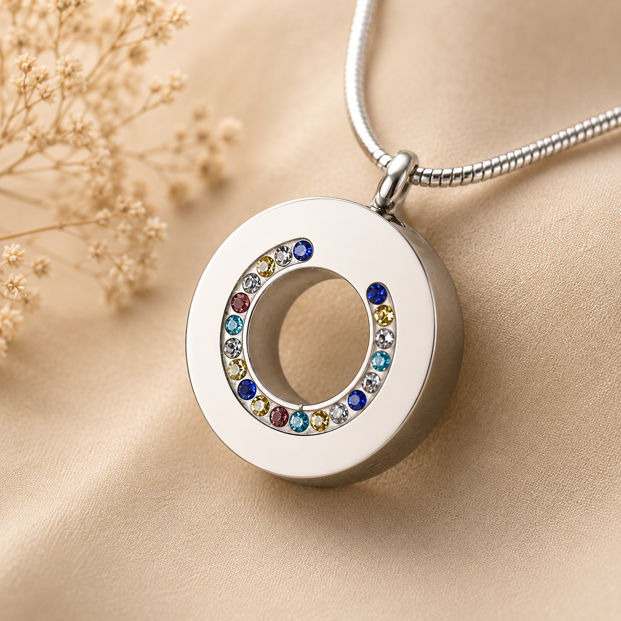 Zilverkleurig assieraad in ronde cirkelvorm met kleurrijke steentjes aan slangencollier op warme beige achtergrond – stijlvol herinneringssieraad als symbool van liefde, verbondenheid en eeuwige herinneringen.