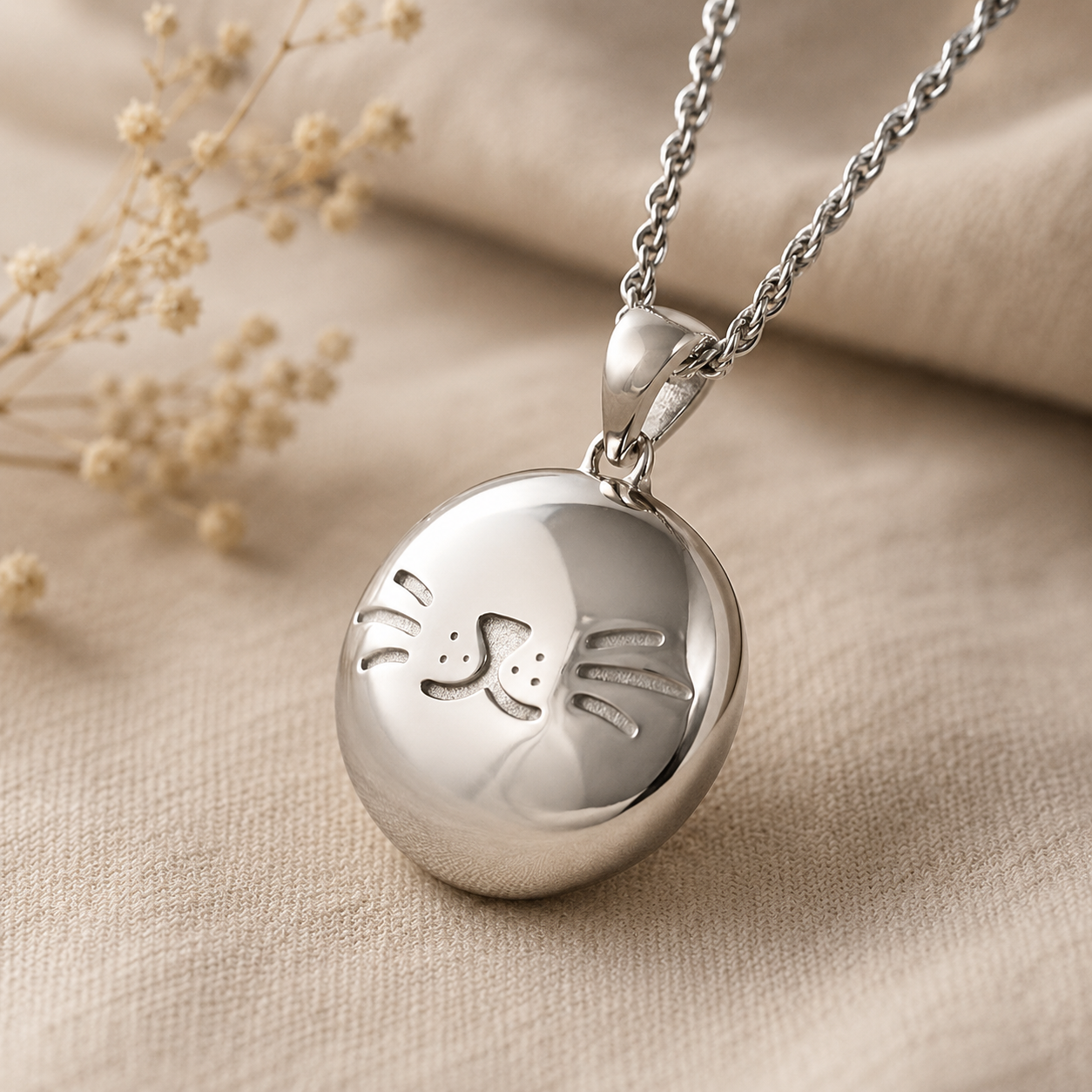 925 sterling zilveren ashanger kat met kattengezicht. Rond assieraad voor kattenliefhebbers om een kleine hoeveelheid as van een overleden kat dichtbij het hart te dragen.