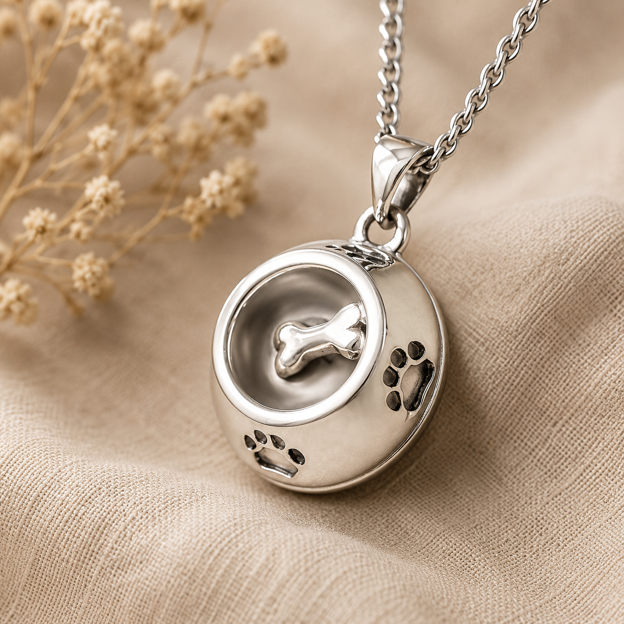 925 sterling zilveren ashanger hondenvoerbak met botje en pootafdrukken. Assieraad voor hondenliefhebbers om een kleine hoeveelheid as van een overleden hond dichtbij te dragen.