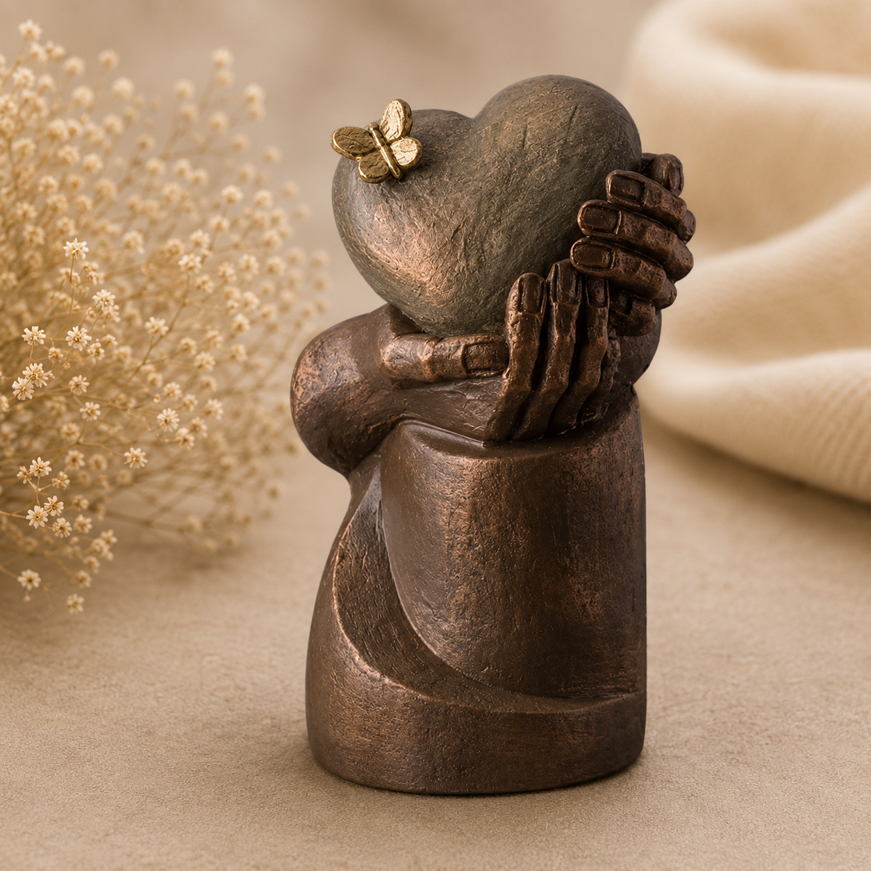 Herinneringsurn met hart in beschermende handen en vlinder, een liefdevolle troost urn als tastbare herinnering aan een dierbare en symbool van liefde, troost en verbondenheid.