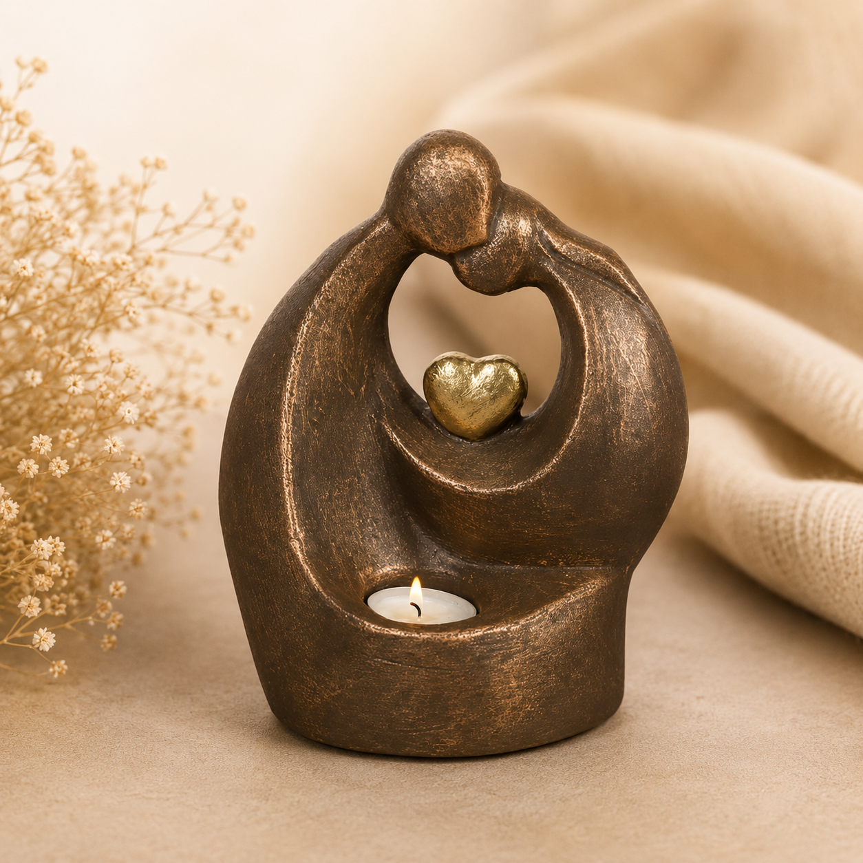 Herinneringsurn met omarmend liefdespaar, gouden hart en kaarsje, een liefdevolle troost urn als tastbare herinnering aan een dierbare vol liefde en verbondenheid.