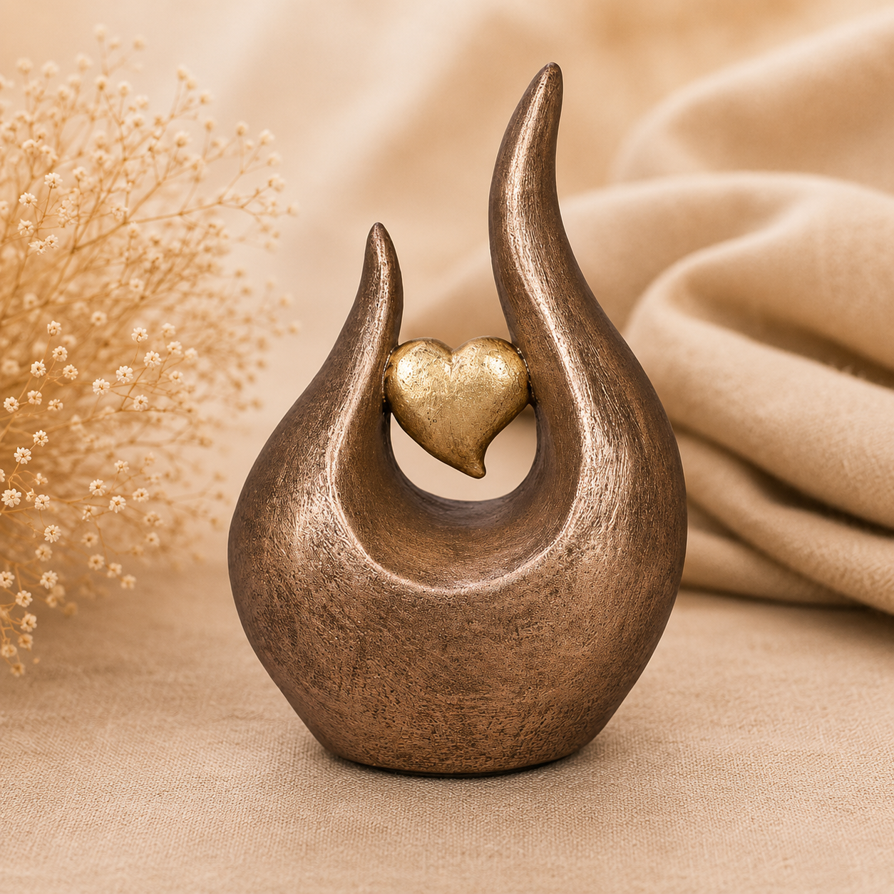Symbolische herinneringsurn met sierlijke vorm en gouden hart, een liefdevolle troost urn als tastbare herinnering aan een dierbare vol liefde, verbondenheid en troost.
