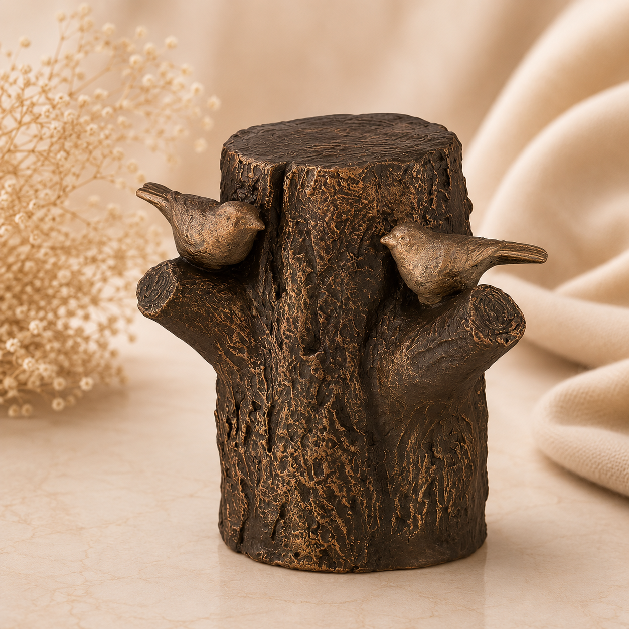 Symbolische herinneringsurn in de vorm van een boomstronk met twee vogels, een liefdevolle troost urn als tastbare herinnering aan een dierbare vol rust, verbondenheid en liefde.