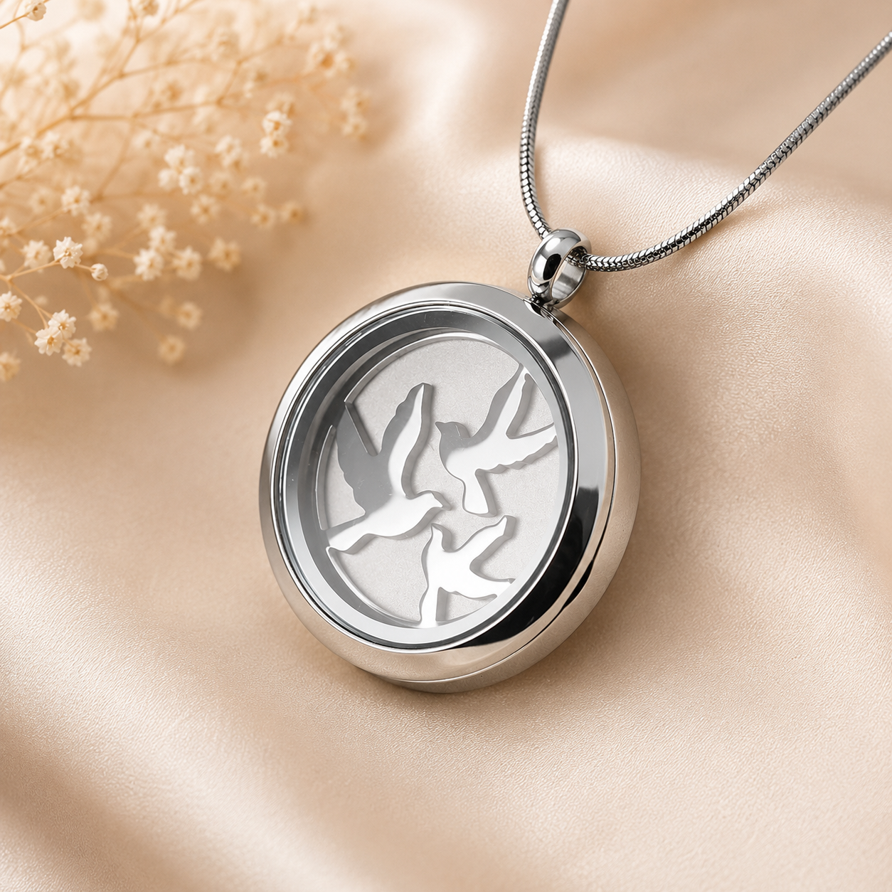 Ronde zilveren ashanger met uitgesneden vogels, hangend aan een zilverkleurige ketting op een zachte beige satijnen achtergrond – stijlvol herinneringssieraad dat vrijheid, liefde en verbondenheid symboliseert.