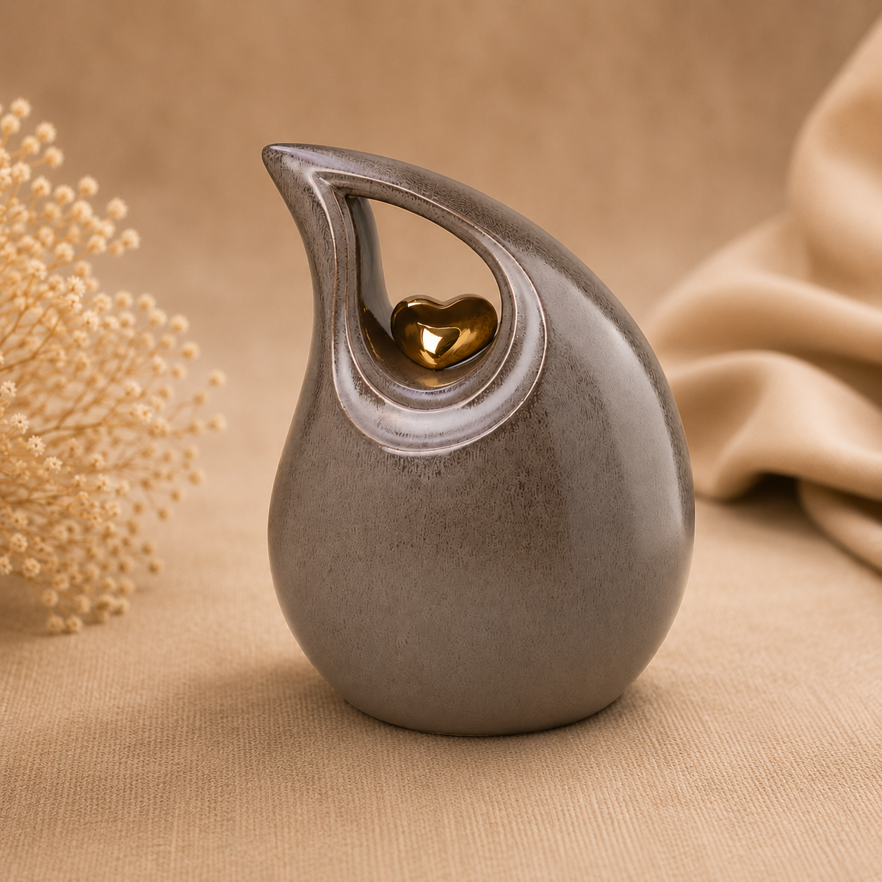 Elegante troosturn in druppelvorm met goudkleurig hart, geplaatst op een warme beige achtergrond met zachte stoffen en subtiele droogbloemen – stijlvol herinneringsornament vol liefde en verbondenheid.