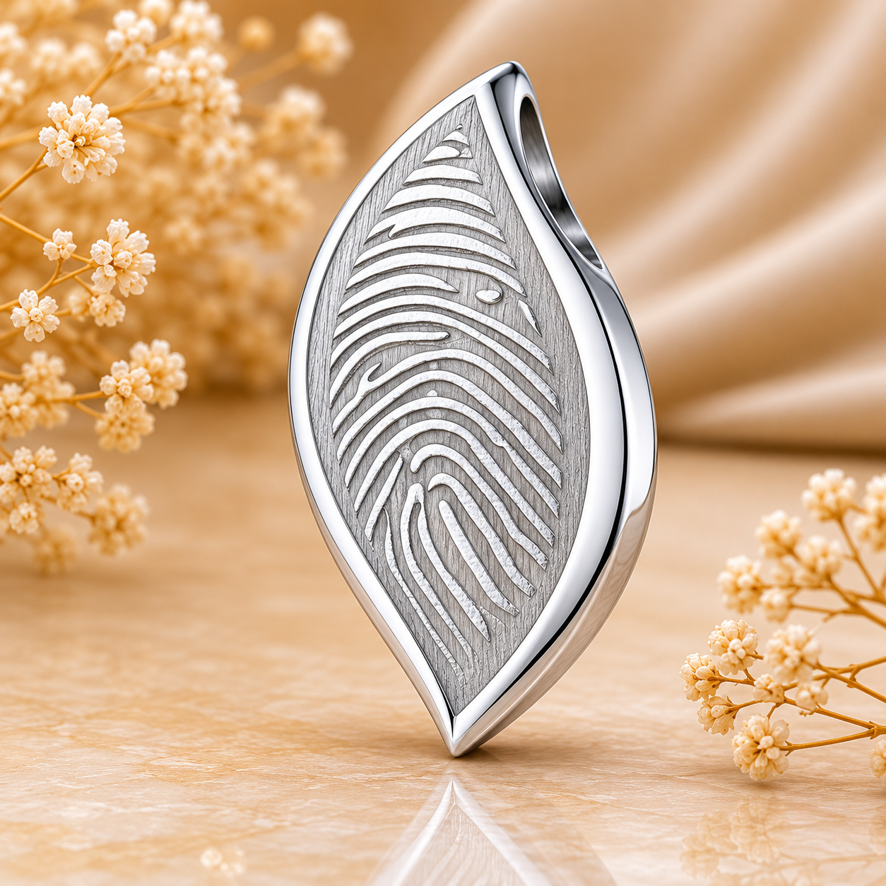 925 sterling zilveren assieraad in elegante blad- of druppelvorm met subtiele vingerafdruk gravure op warme beige achtergrond – stijlvol herinneringssieraad als symbool van liefde, verbondenheid en een blijvende herinnering aan een dierbare.