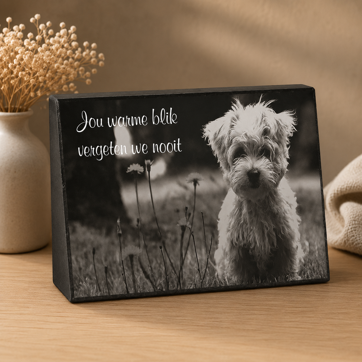 Persoonlijke gedenksteen huisdier met foto en tekst. Herinneringssteen voor een overleden hond, kat of ander geliefd huisdier als blijvend eerbetoon.