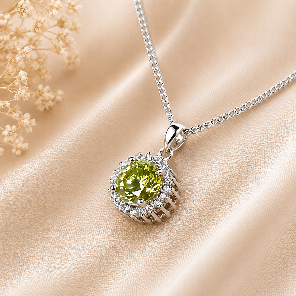 Zilveren ashanger met groene zirkonia en fonkelende steentjes aan fijne ketting – elegant assieraad van zilver om een dierbare liefdevol dichtbij te dragen.