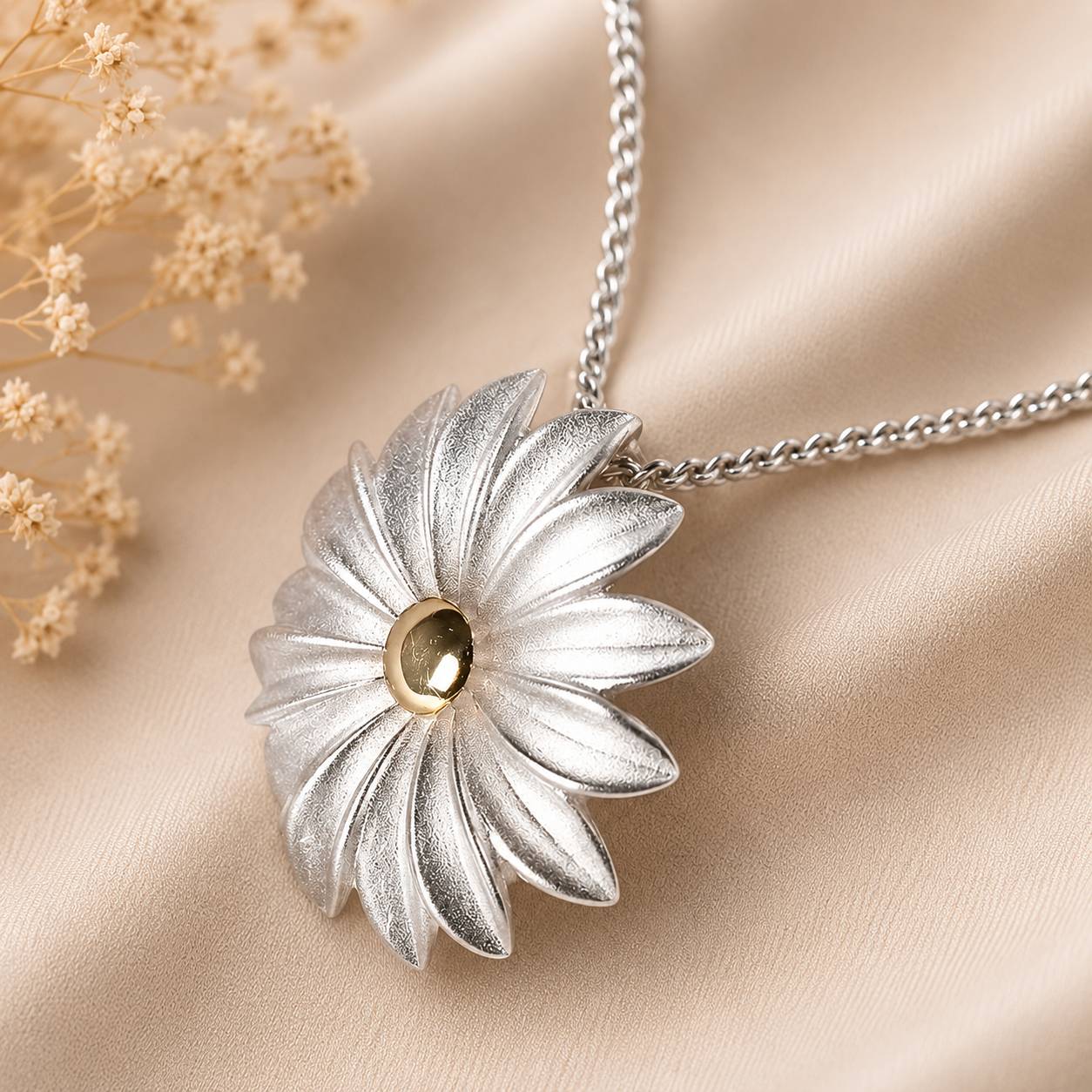 Zilveren bloemen ashanger met goudkleurig hartdetail inclusief ketting – elegant assieraad in bloemvorm om een dierbare liefdevol dichtbij te dragen.