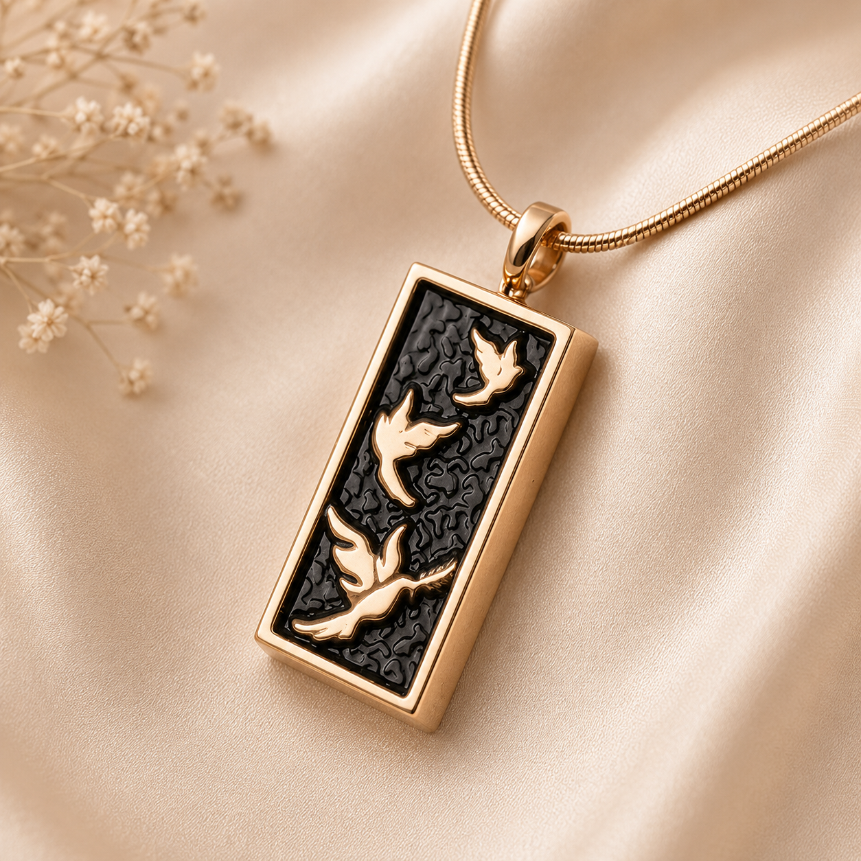 Roségouden ashanger met vogels in reliëf en stijlvolle zwarte details – elegant herinneringssieraad dat vrijheid, liefde en verbondenheid symboliseert.