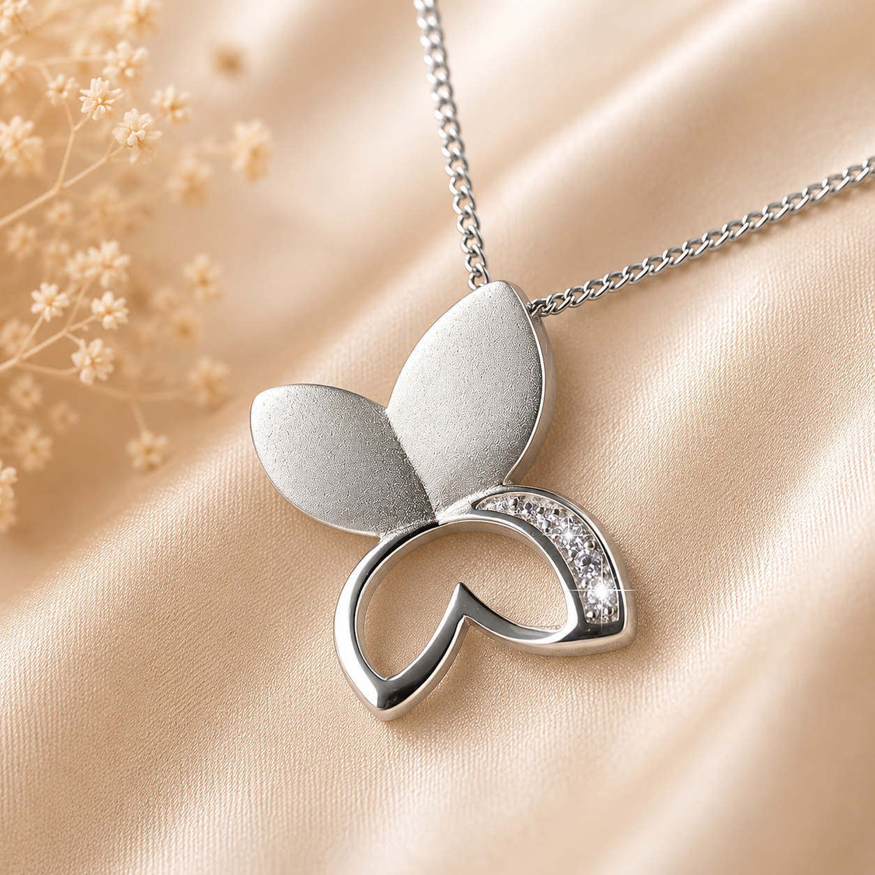 Zilveren assieraad Butterfly inclusief ketting van 925 sterling zilver met subtiele vlindervorm en fonkelende zirkonia steentjes, stijlvol weergegeven op een zachte beige achtergrond.