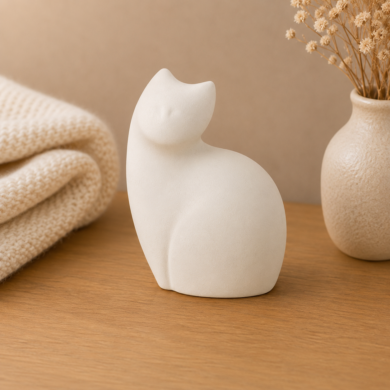 Witte keramische kattenurn met minimalistisch design als liefdevolle herinnering aan een overleden kat