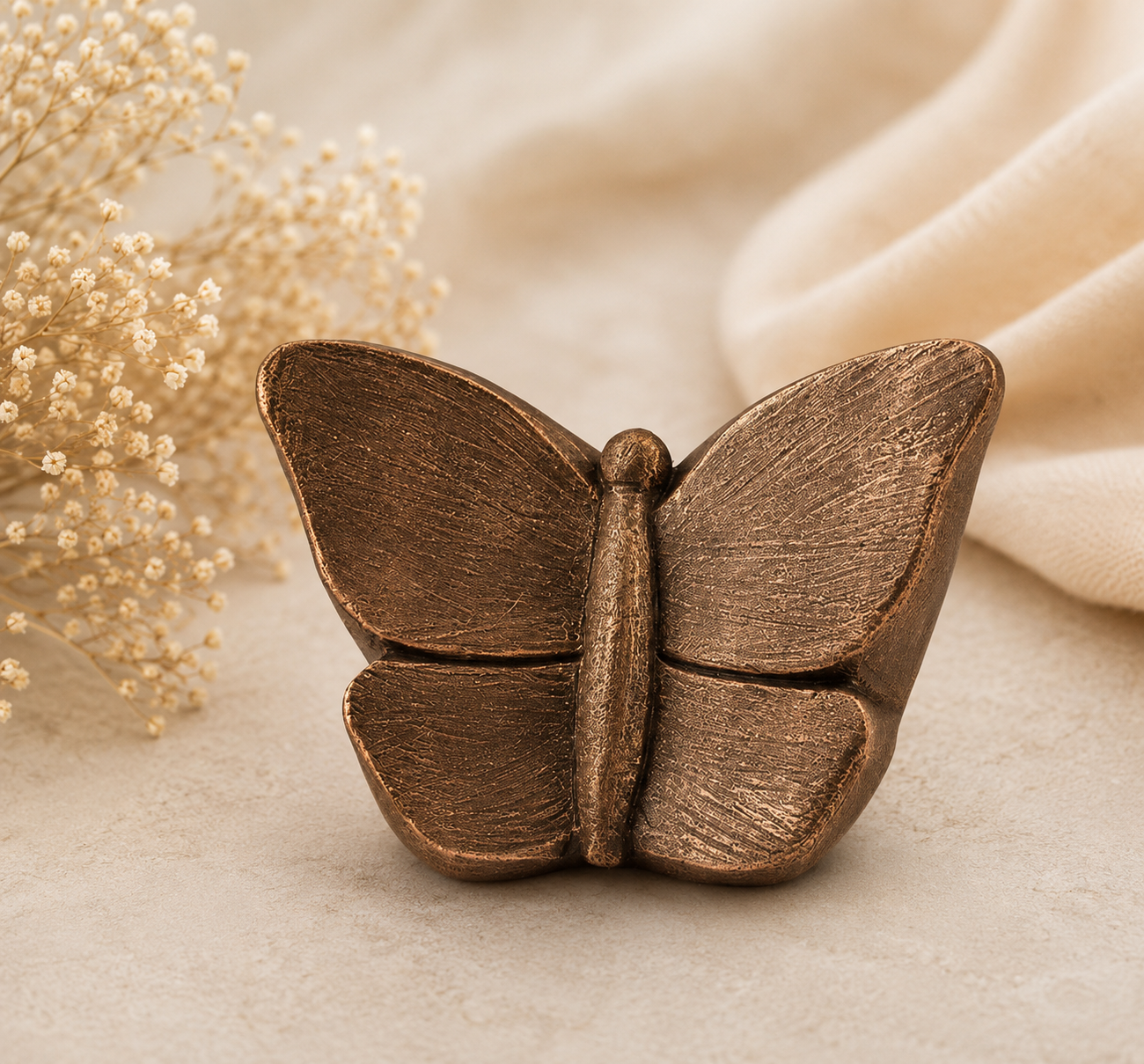 Mini keramische herinneringsurn in de vorm van een vlinder, een liefdevolle troost urn als tastbare herinnering aan een dierbare en symbool van hoop, liefde en verbondenheid.