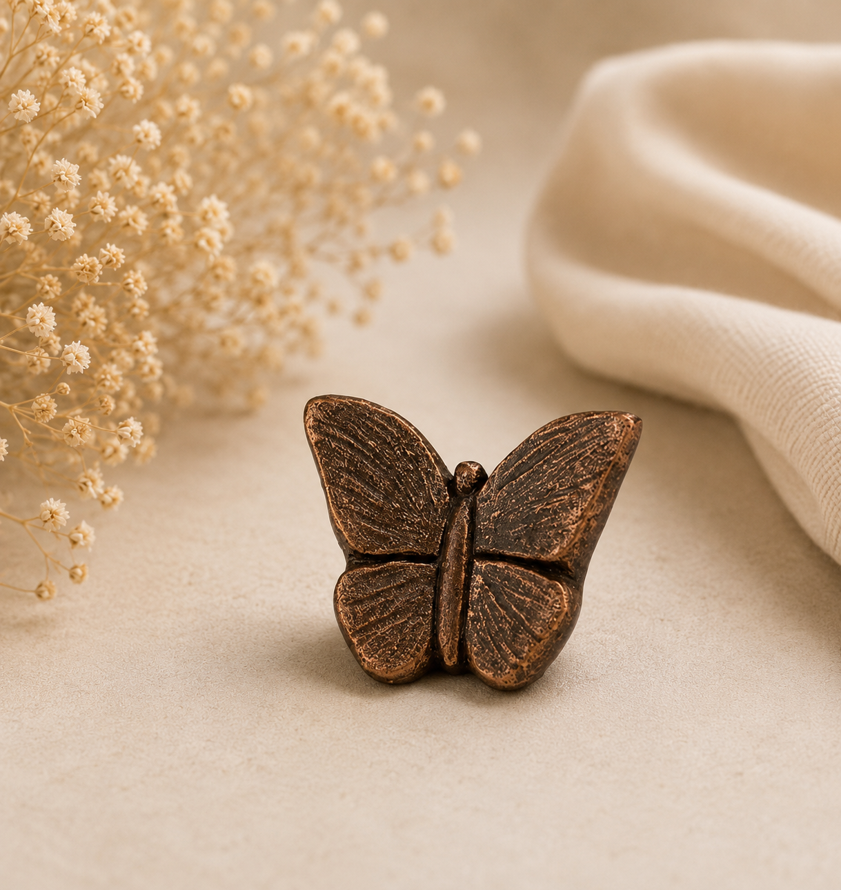 Kleine keramische herinneringsurn in de vorm van een vlinder, een liefdevolle mini troost urn als tastbare herinnering aan een dierbare en symbool van hoop, liefde en verbondenheid.