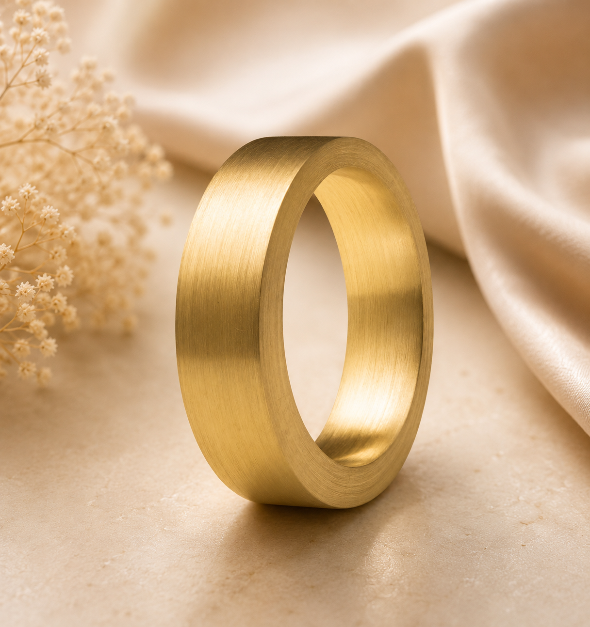 Asring 14K goud met matte afwerking op warme elegante achtergrond – stijlvol herinneringssieraad