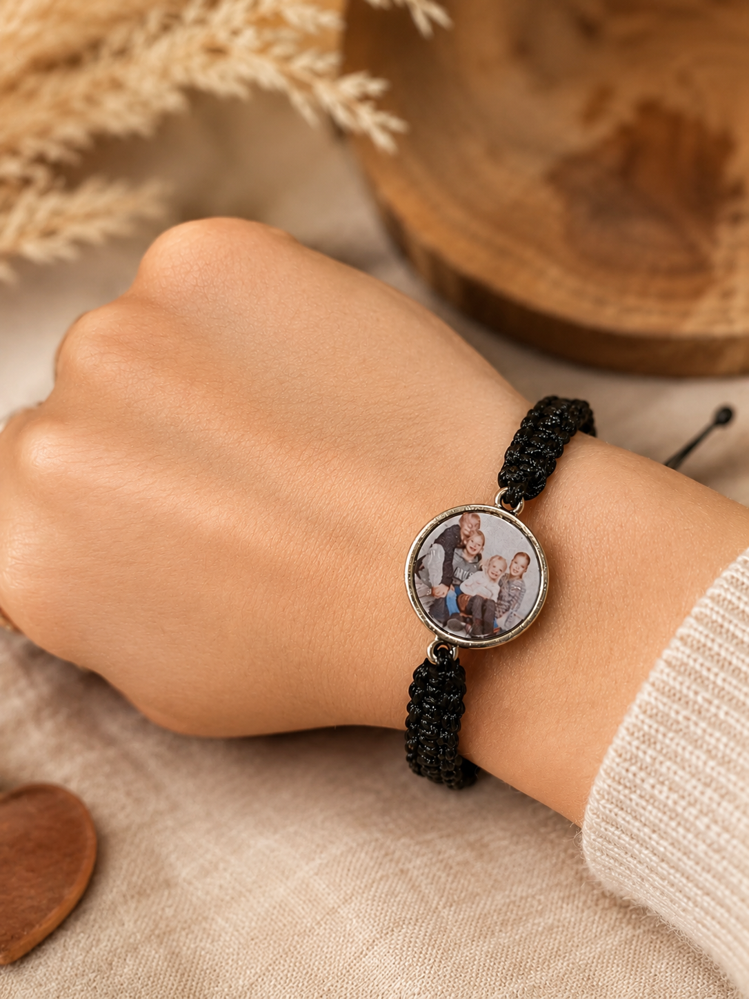 gepersonaliseerde armband met foto zwart gevlochten armband met herinneringsfoto