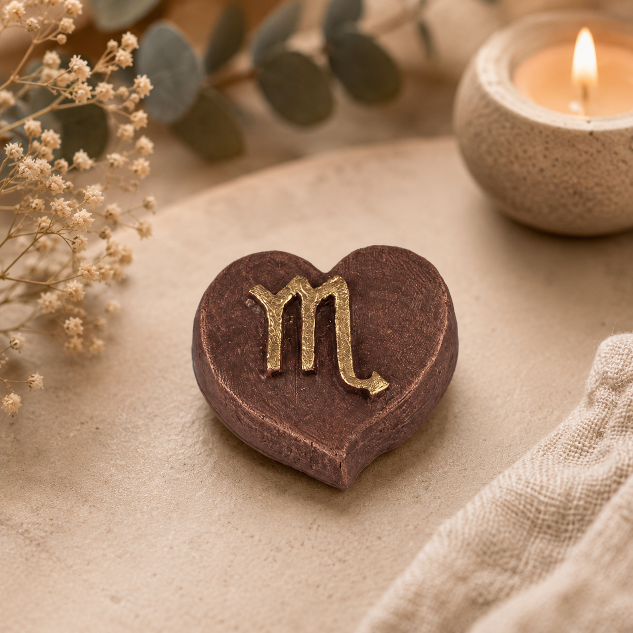 Handgemaakte keramische mini urn in hartvorm met sterrenbeeld Schorpioen, een liefdevolle troost urn en herinneringsurn voor een symbolische hoeveelheid as.