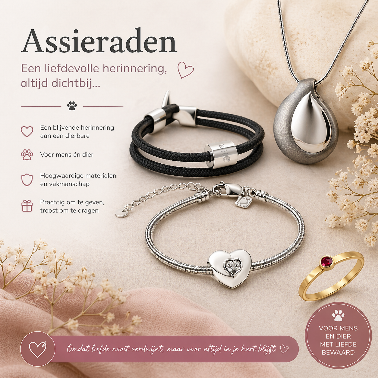 Assieraden voor mens en dier zoals armband, ketting en ring als tastbare herinnering