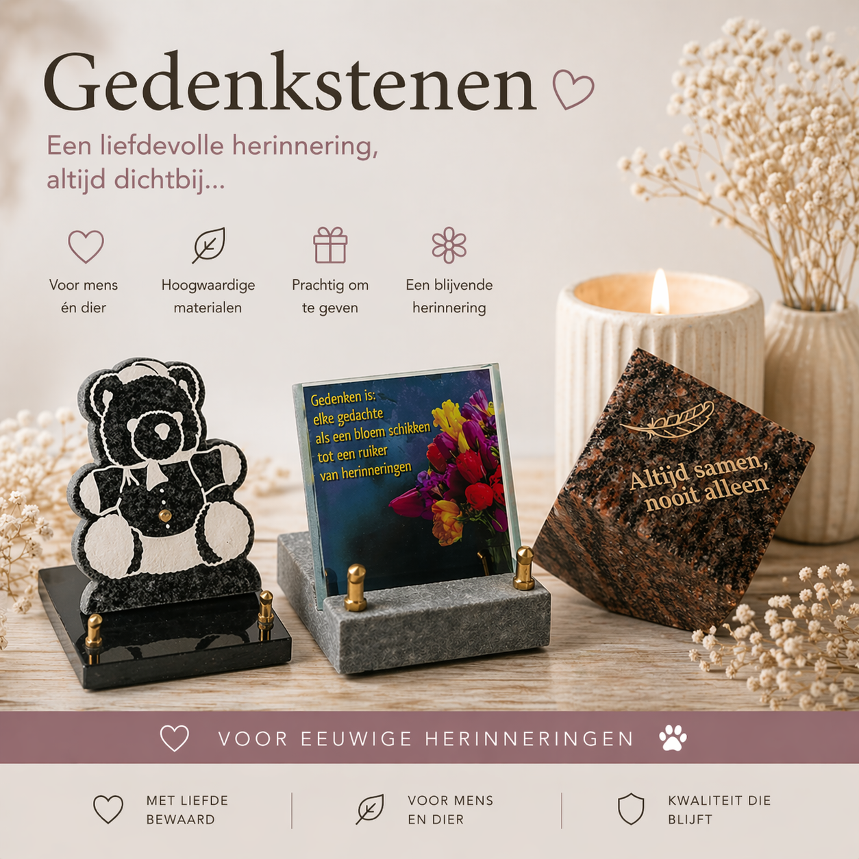 Gedenkstenen voor mens en dier met persoonlijke tekst als blijvende herinnering