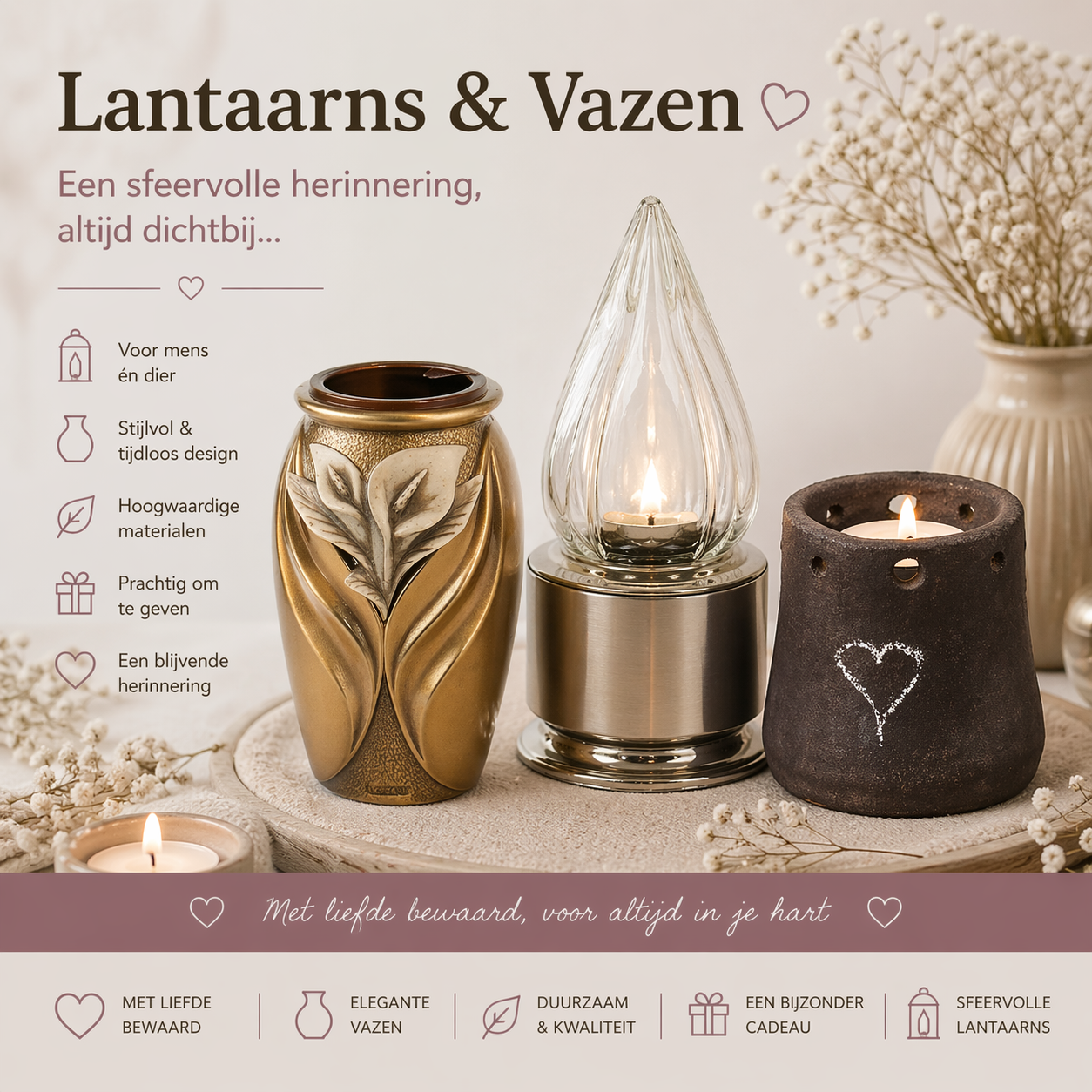 Herinneringslantaarns en vazen voor mens en dier met tekst of foto als blijvend aandenken