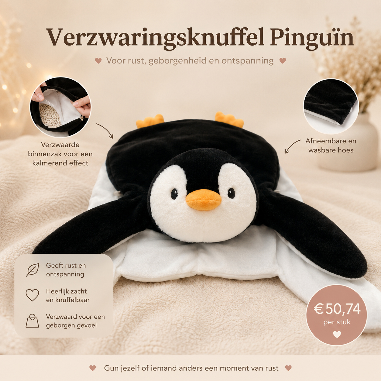 verzwaringsknuffel pinguïn met verzwaarde binnenzak voor rust en ontspanning