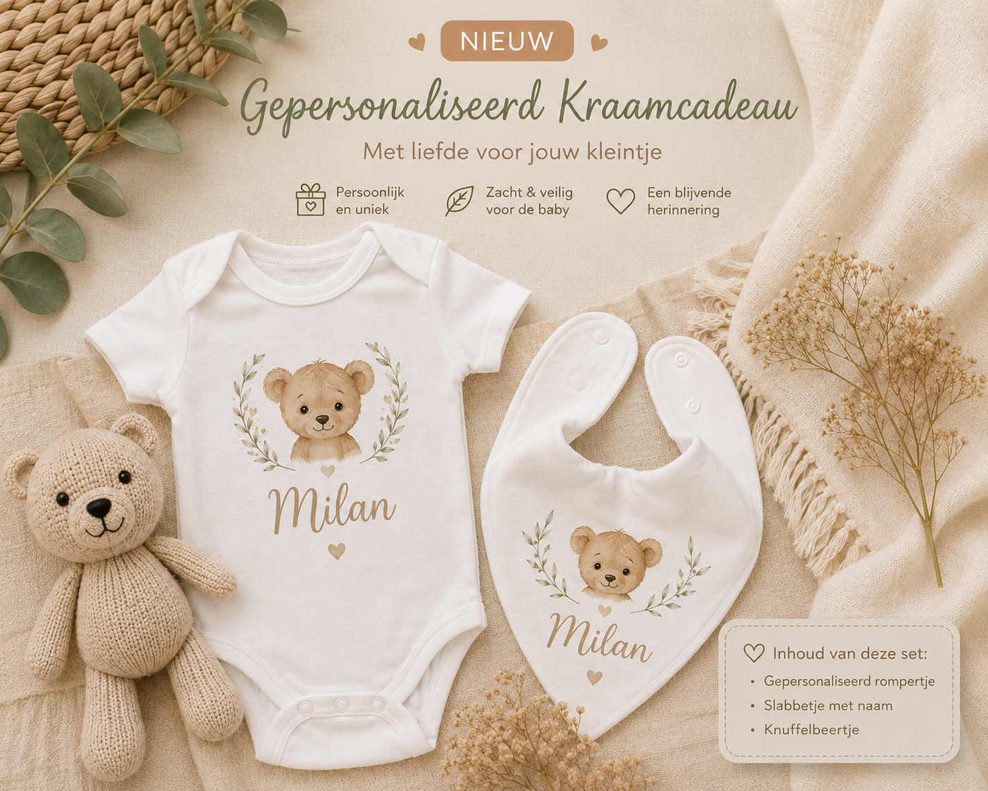 Gepersonaliseerde Kraamcadeau Set met Naam β Rompertje, Bandana Slabbetje